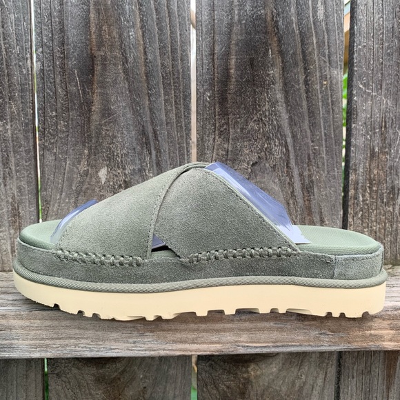 UGG Sandals Goldenstar Cross Platform Slide Moss Green Suede Leather - Picture 4 of 16